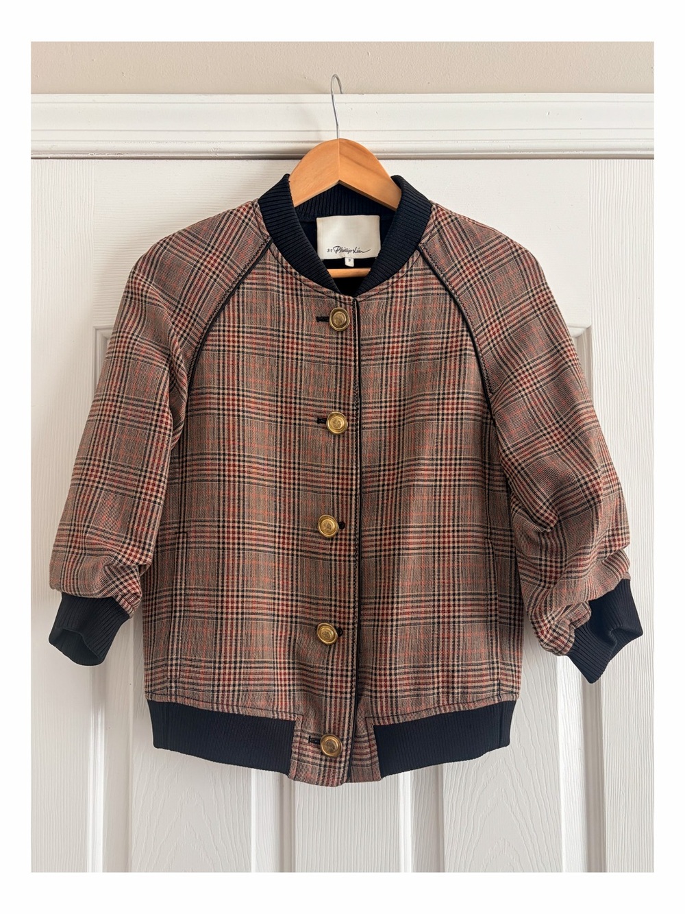 3.1 Phillip Lim Plaid Wool Bomber Jacket Gold Button Rib Trim Size 2